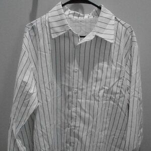 Men's White w/Black Stripes Long Sleeve Button Down Business Casual Shirt Medium